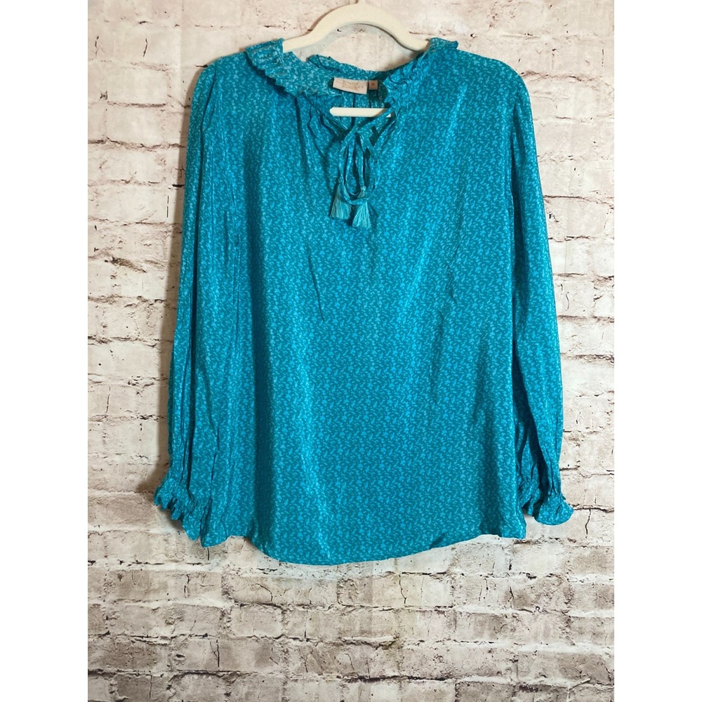 Rungolee Silk Top Womens Small Turquoise Speckled Artsy Print Tassel Tie Ruffles